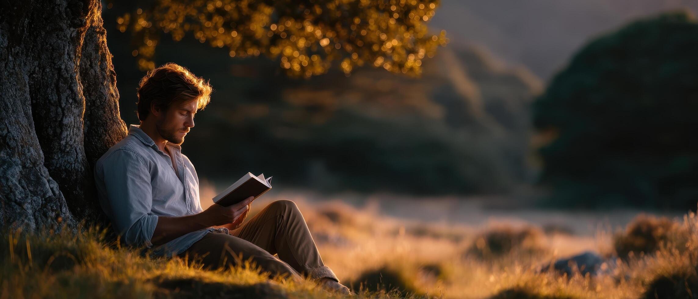 A man reading alone in nature